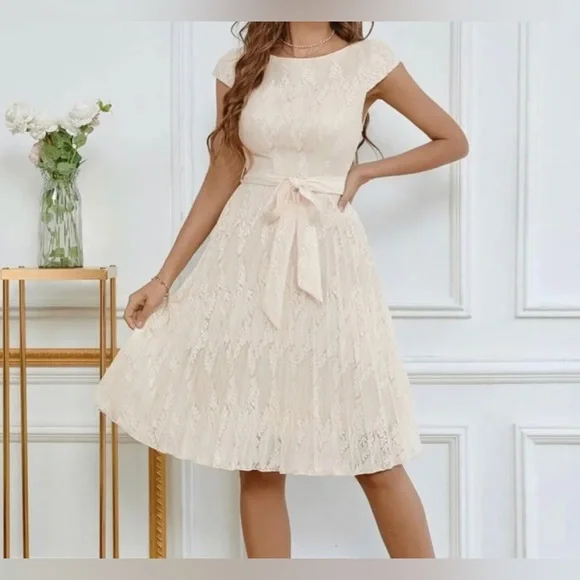 Grefit Dresses | Grefit- Belted Floral Lace Pleated Hem Dress Nwt | Color: Cream | Size: L | Pm-21513661's Closet